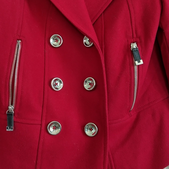 Michael Kors Red Wool Blazer Double Breasted Pea Coat Cropped Moto Jacket EUC - Picture 2 of 8